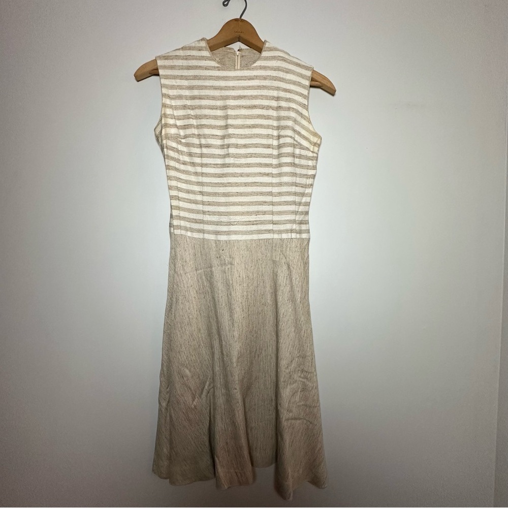 Vintage 1930s Lord & Taylor Tweed Style Cream & Tan Striped Midi Dress Size 11